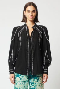 Once Was Meridian Placement Embroidered Shirt | Black