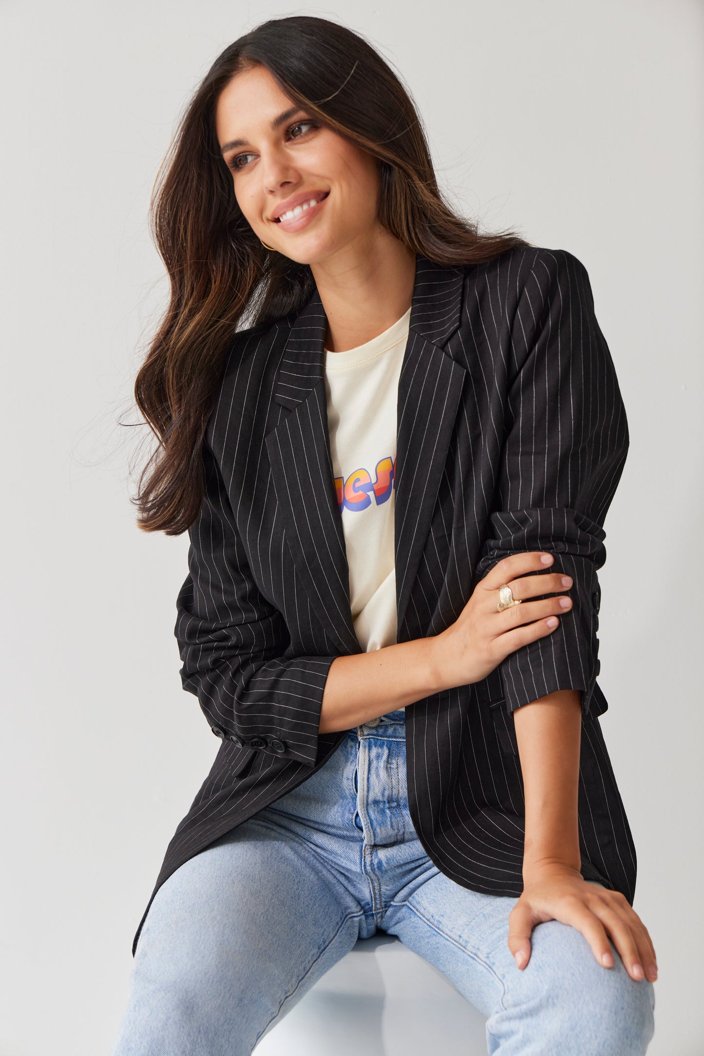 Tuesday Boyfriend Blazer | Black Pinstripe