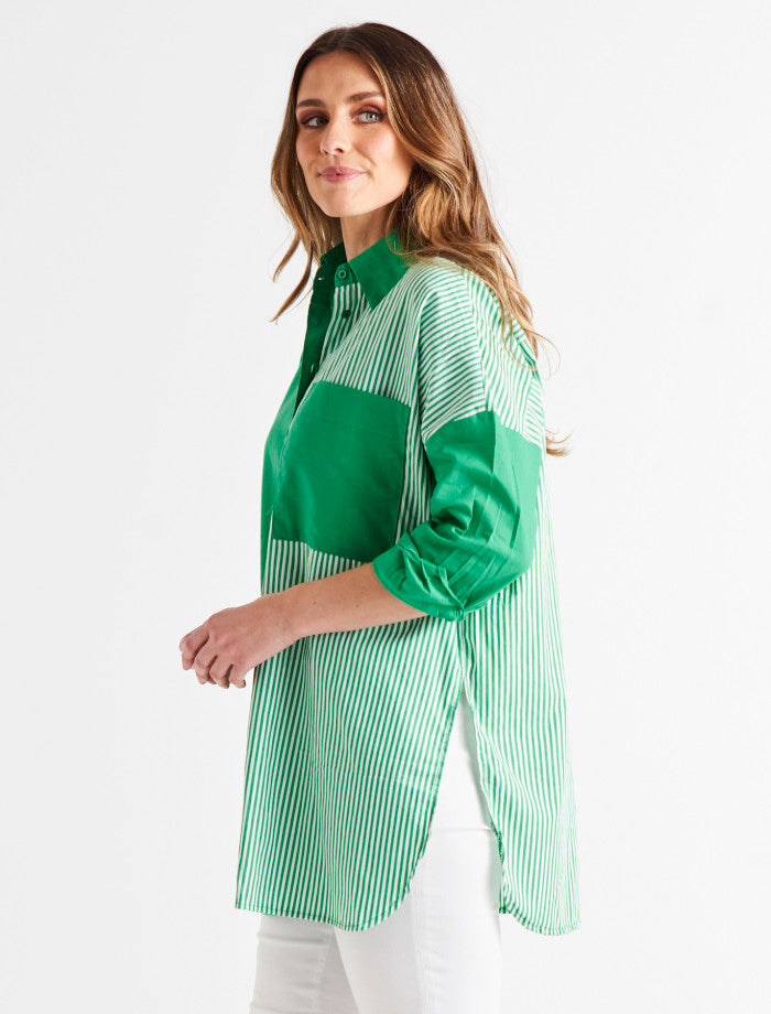 Betty Basics Quinn Shirt | Green Stripe Block