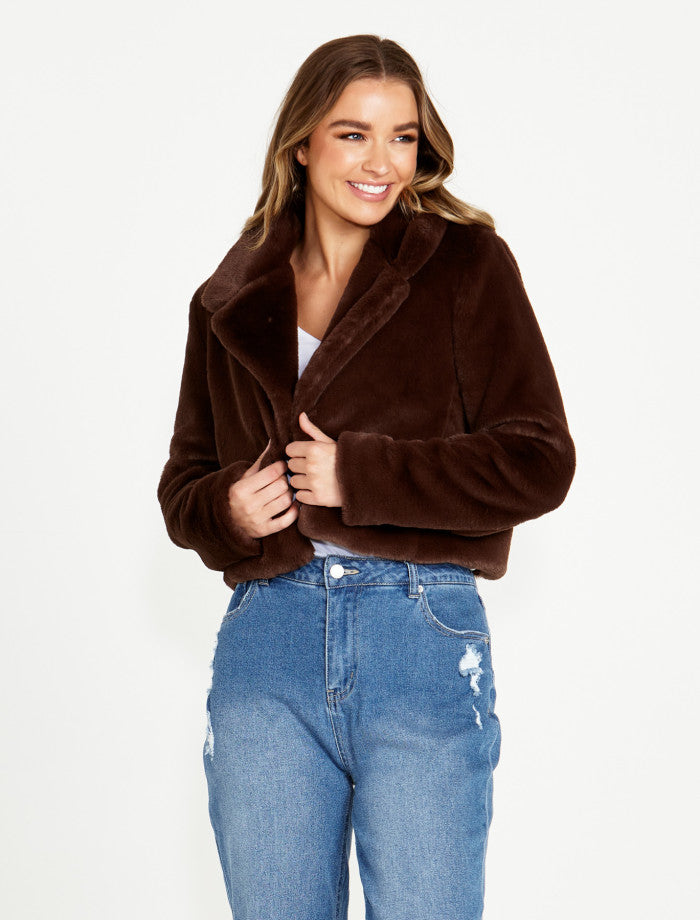 Sass Xanthe Cropped Fur Jacket | Chocolate
