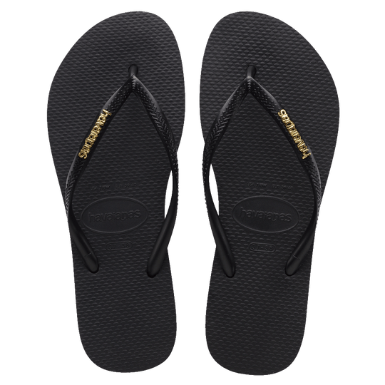 Havaianas Slim Jandal Black w Gold Metallic Logo Robe Boutique