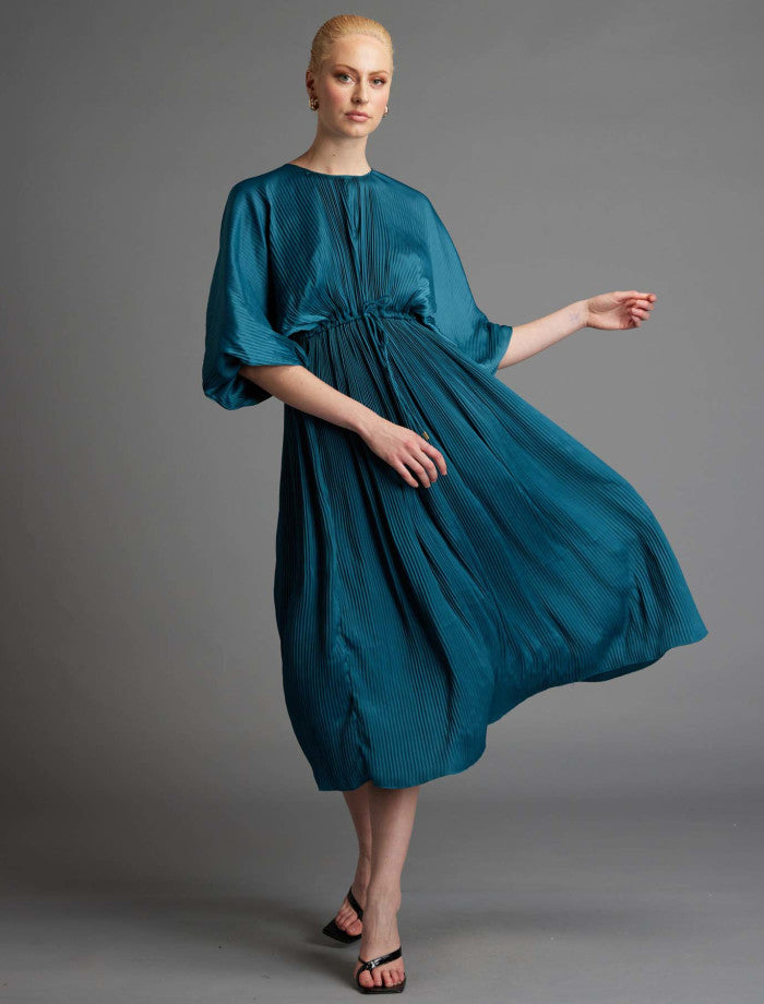 Fate + Becker Pleated Balloon Sleeve Midi | Teal | Robe Boutique