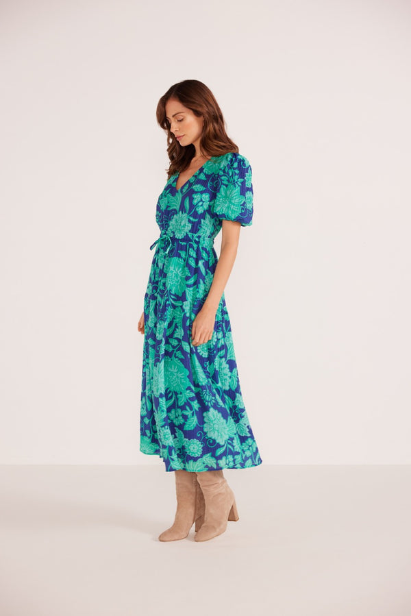 MINKPINK Connie Puff Sleeve Midi Dress | Mint/Navy Floral