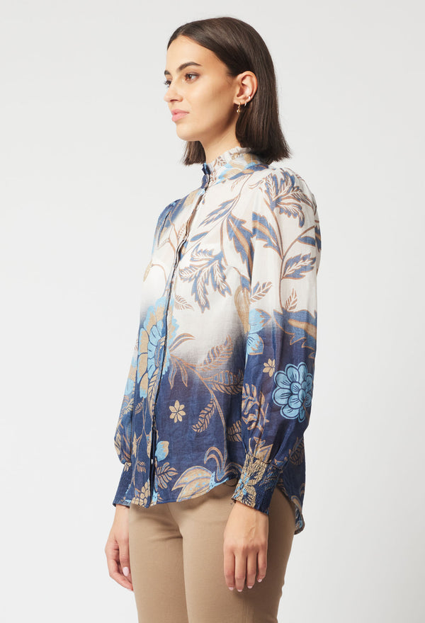 Once Was Dynasty Cotton Silk Shirred Cuff Shirt | Lotus Flower