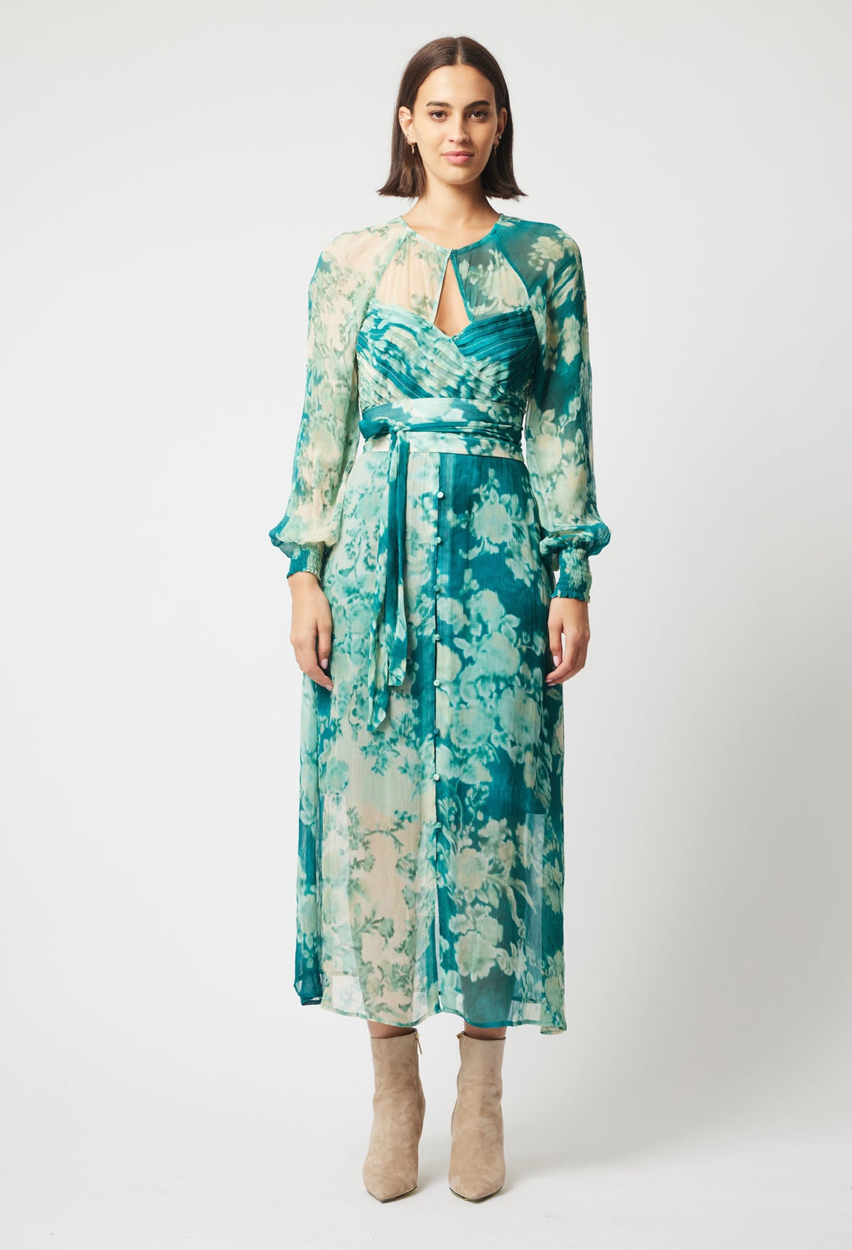 Once Was Pavillion Chiffon Pleated Bodice Maxi Dress | Jade Floral