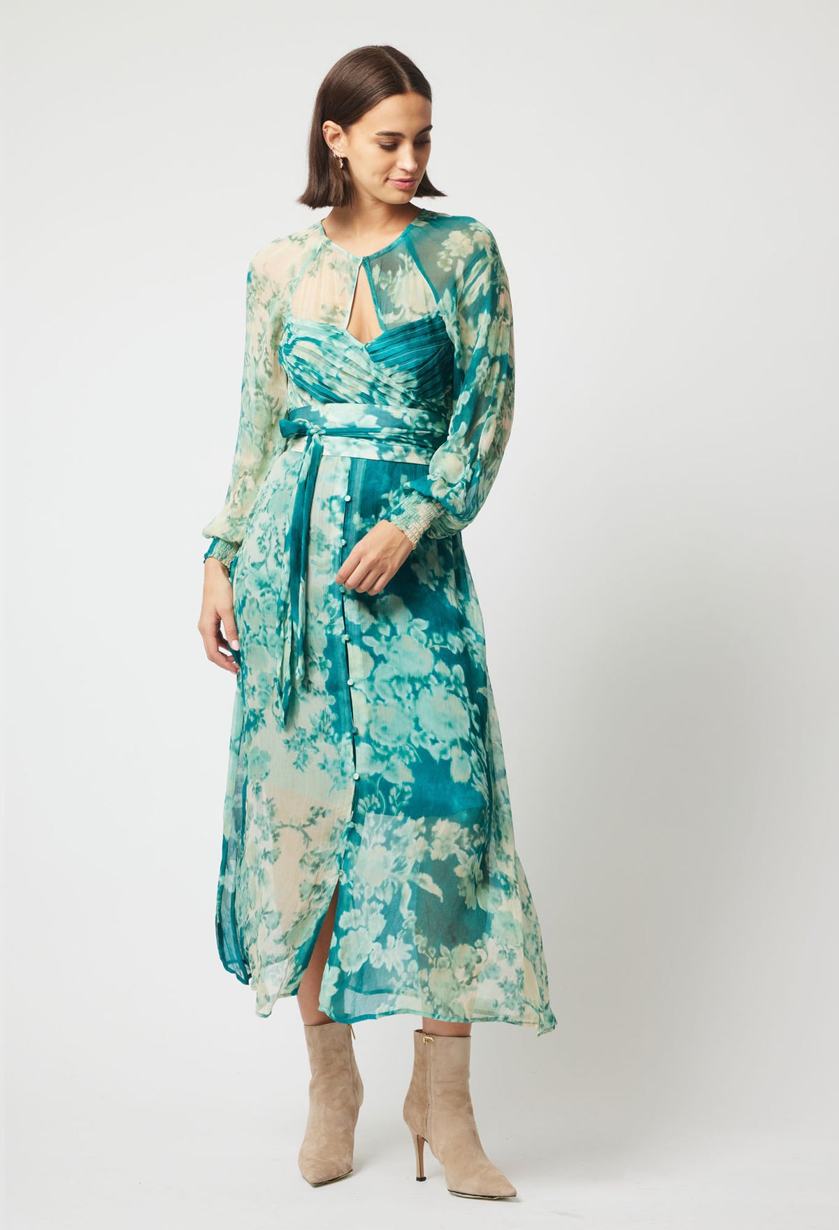 Once Was Pavillion Chiffon Pleated Bodice Maxi Dress | Jade Floral