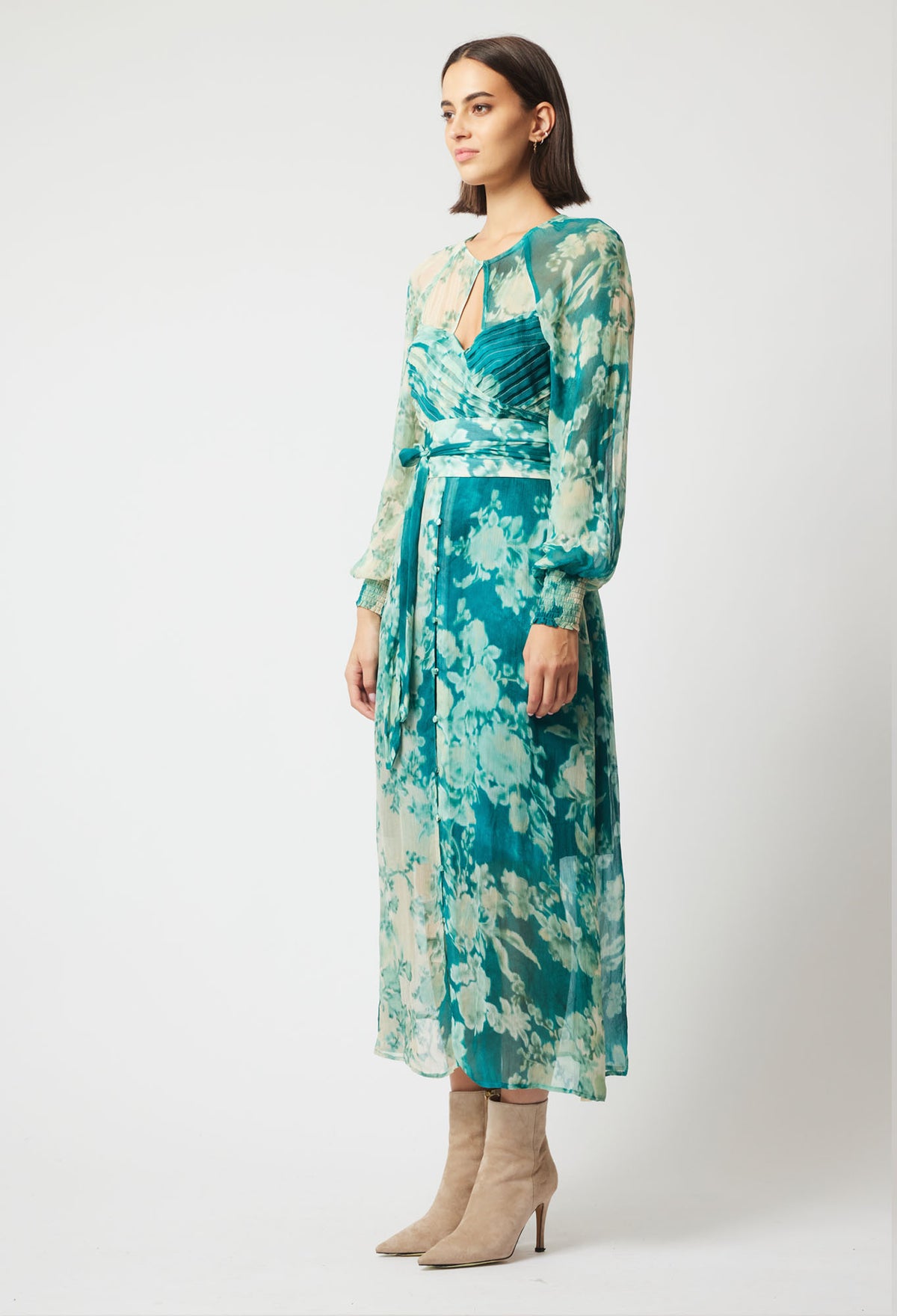 Once Was Pavillion Chiffon Pleated Bodice Maxi Dress | Jade Floral