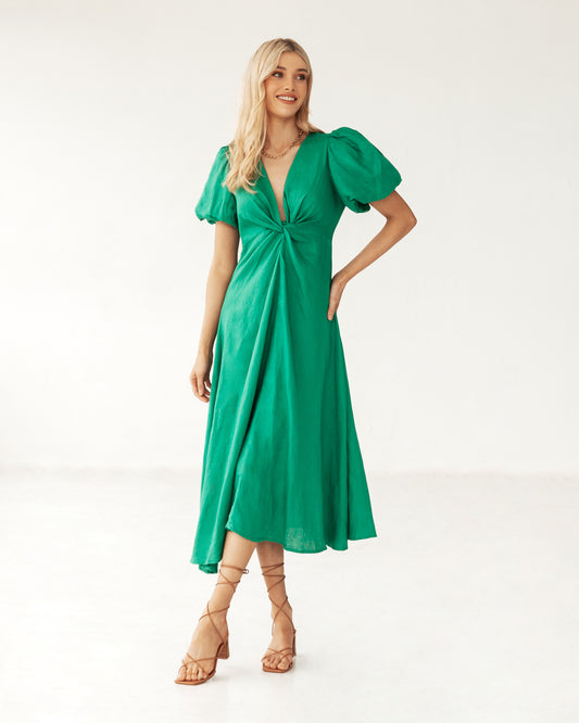 White Closet Puff Sleeve Midi Dress | Emerald
