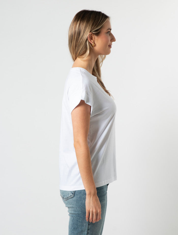 Stella + Gemma Cuff Sleeve T-Shirt | White w/gold logo