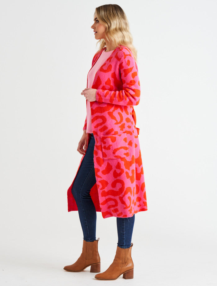 Betty Basics Swift Cardigan | Pink/Red Cheetah Print
