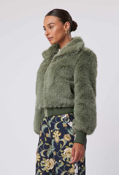 Once Was Halston Faux Fur Bomber | Moss