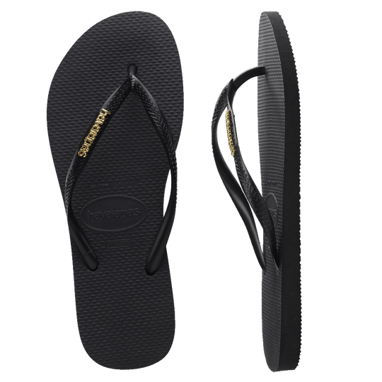 Havaianas Slim Jandal Black w Gold Metallic Logo Robe Boutique Free NZ Shipping